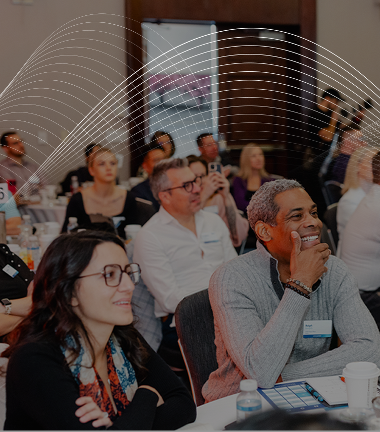 Collage image for networking event with speakers and people engaging with presentation.